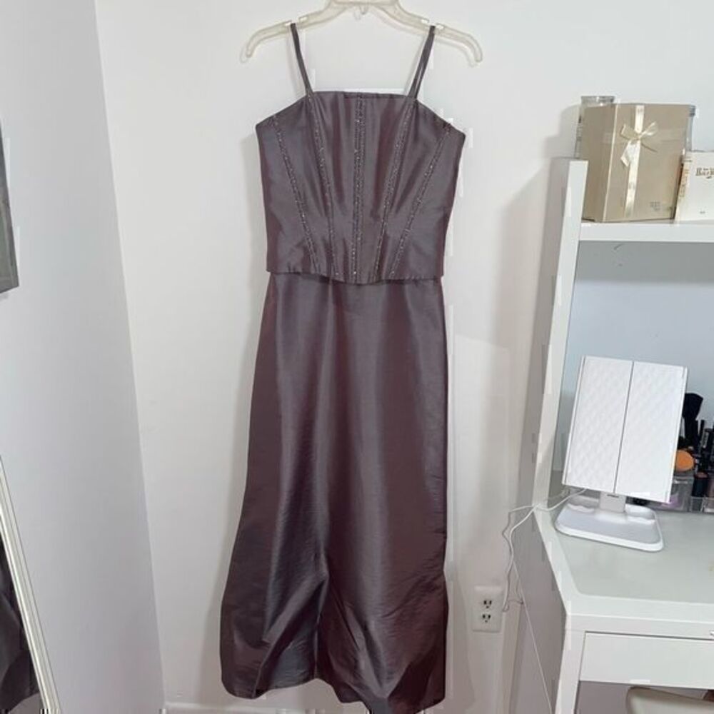 Purple iridescent women’s prom dress with beaded bust